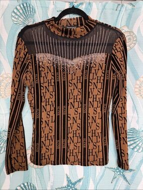 Mango Brown & Black Long-Sleeve Printed Top with Rhinestone Yoke